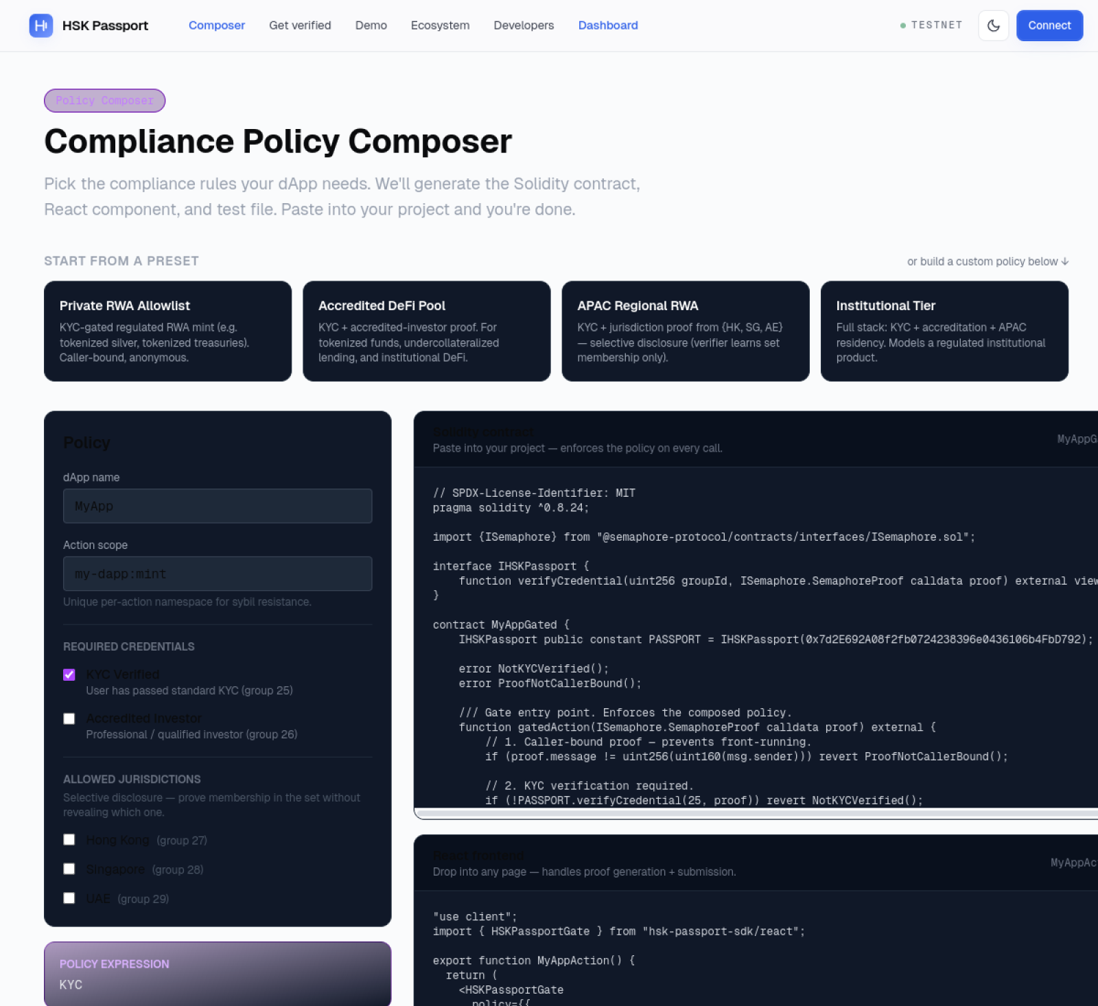 Live preview of the Compliance Policy Composer generating Solidity, React, and Hardhat test code from one-click presets